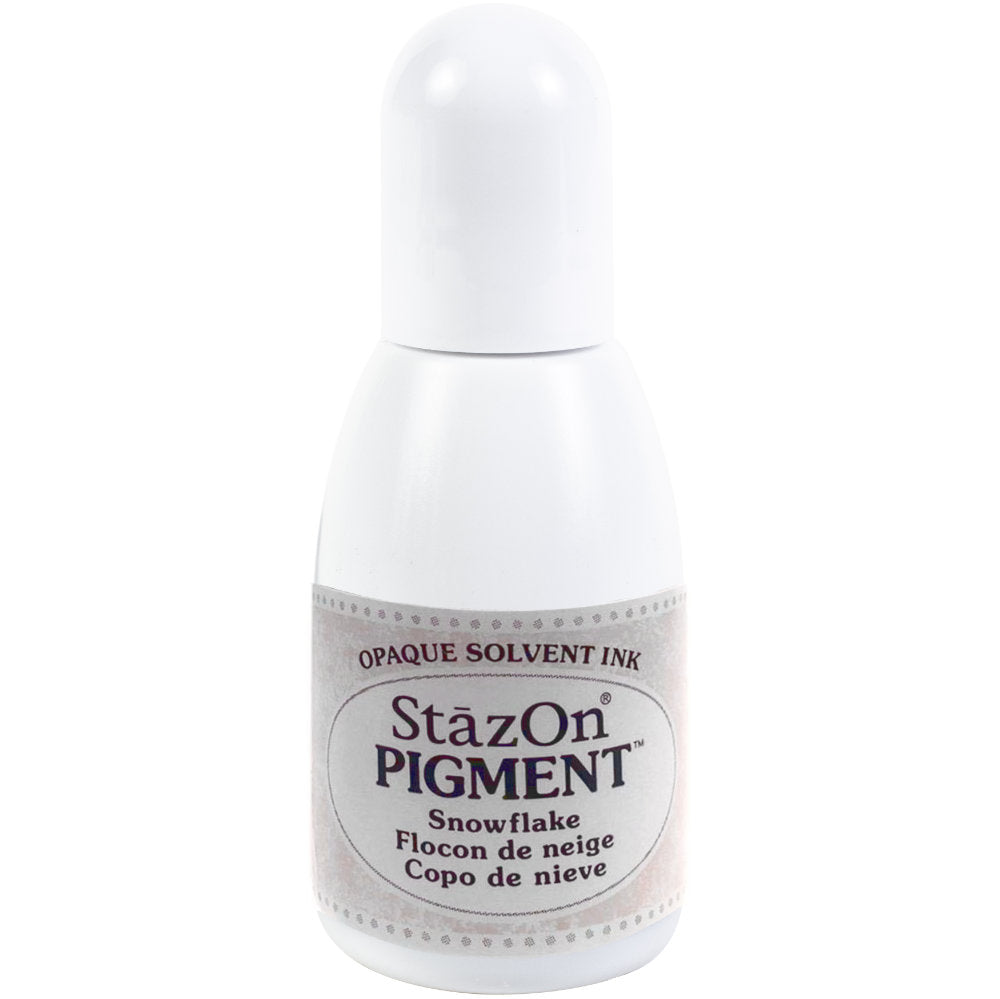 Snowflake White - StazOn Pigment Reinker ... by Tsukineko. Solvent based opaque ink that is fast drying and permanent on non-porous surfaces such as transparencies, acetate, glass, metal as well as papers. This is the refill for the StazOn Pigment Ink Pad in Snowflake (sold separately). Bottle has a fine tip and holds .5 fl oz (15ml).