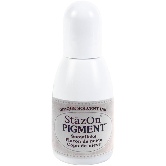 Snowflake White - StazOn Pigment Reinker ... by Tsukineko. Solvent based opaque ink that is fast drying and permanent on non-porous surfaces such as transparencies, acetate, glass, metal as well as papers. This is the refill for the StazOn Pigment Ink Pad in Snowflake (sold separately). Bottle has a fine tip and holds .5 fl oz (15ml).