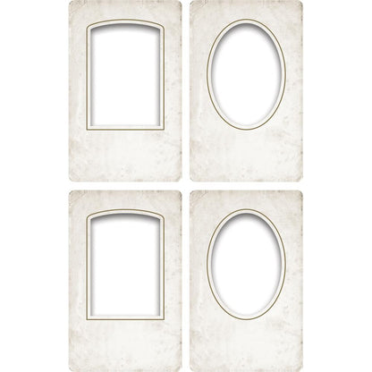 Baseboard Collage Frames ... by Tim Holtz Idea-Ology - Sturdy cardstock die cut pieces in the style of vintage photograph frames. Use for cardmaking, assemblage projects, off-the-page marvels and party decor. (TH93711). 4 (four) pieces, 5"x8" in size with oval and arch windows, two of each design.