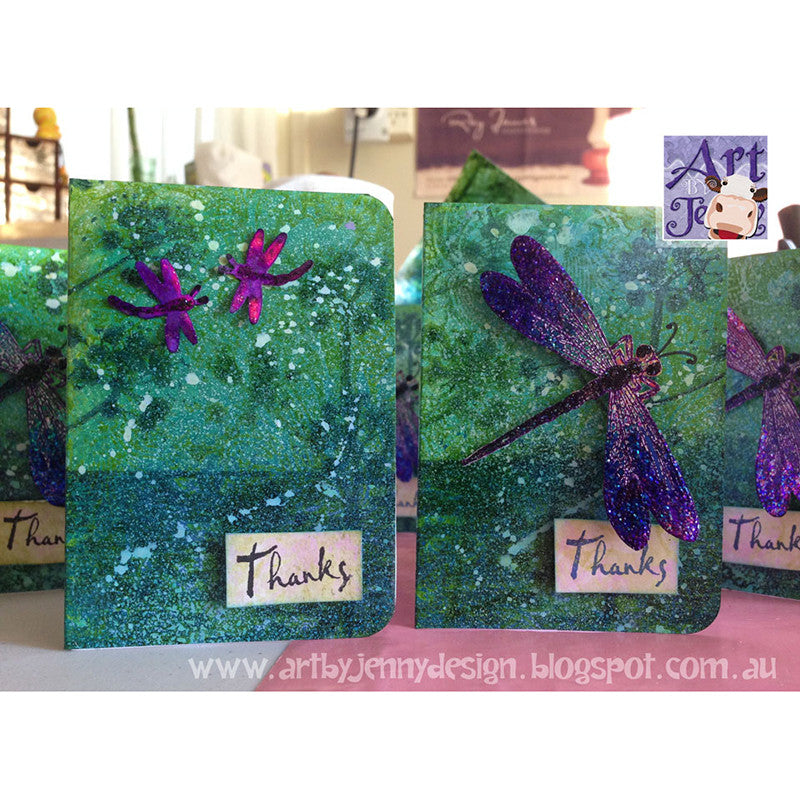 Art by Jenny creation - Jenny James of Australia - thank you cards featuring dragonflies - inking and embossing using Tim Holtz and Ranger Distress Inks, paints and embossing powders with stickles glitter glue.