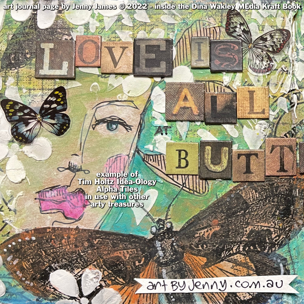 example of artwork inside the Dina Wakley MEdia Kraft Journal by Jenny James February 2022 - inside the smaller version of the Dina Kraft Journal on the same kraftstock natural tan paper as the Dina Wakley MEdia Kraft Journal Large 7 3/4" x 10 1/4" that has 60 pages of blank thick light brown (kraft, tan) heavyweight pages for Mixed Media, Journaling, Collage and Visual Arts - by Ranger.