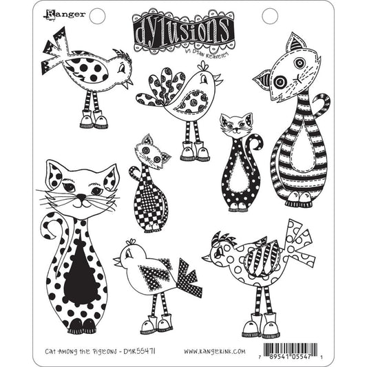 Cat Among the Pigeons ... Dylusions cling mounted red rubber stamp set by Dyan Reaveley. Four purrfectly adorable felines and four cheeky feathered friends for your artwork. Cute cats and birds with stitched patchwork designs. A total of 8 cling rubber stamps. Sizes (approx) : Large striped cat (upper right) is& 2 13/16" x 4 1/16" tall, large spotty bird (lower right) is 2 5/8" x 2 3/4". Designed by Dyan Reaveley, made by Stampers Anonymous.