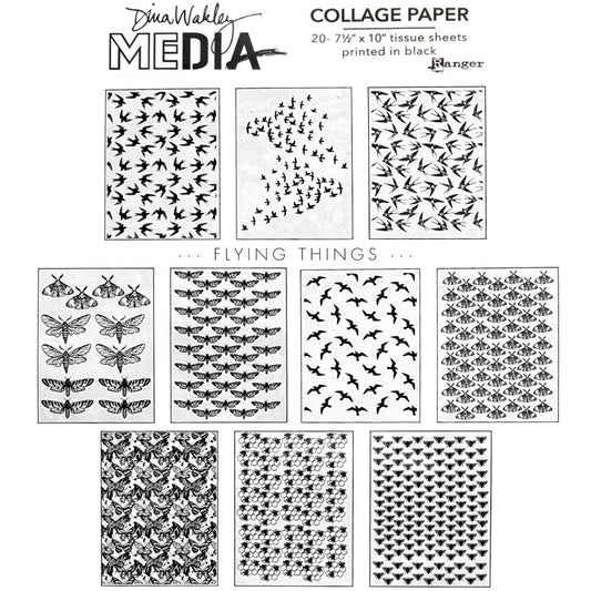 Flying Things - Collage Tissue Paper by Dina Wakley Media and Ranger - 20 printed sheets, 7.5" x 10" in size ... 10 designs, 2 of each printed in black on white tissue featuring birds, seaguls, swallows, moths, bees, cicadas, butterflies