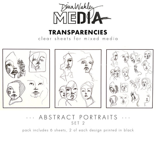 Abstract Portraits, set 2 - Transparencies ... by Dina Wakley Media and Ranger. 6 (six) sheets of crystal clear film printed with black designs, 8.5" x 10.75" in size, 2 of each design. Designs are of Dina's freeform drawings of people's faces. Use for creative collage, journaling, bookmaking, scrapbooking, mixed media and other visual arts.