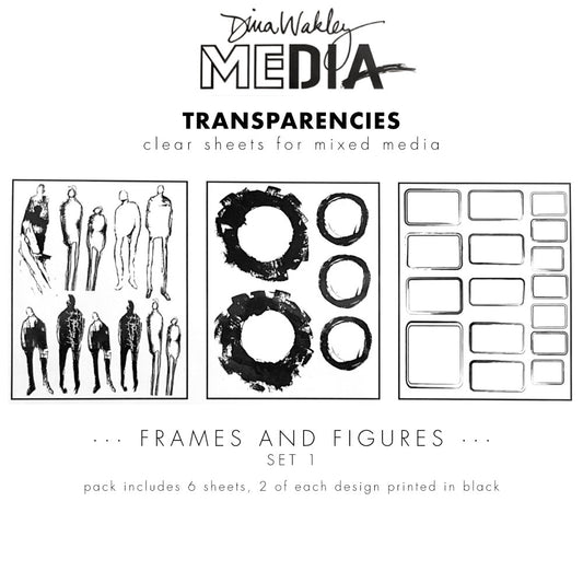 Frames and Figures, set 1 - Transparencies ... by Dina Wakley Media and Ranger. 6 (six) sheets of crystal clear film printed with black designs, 8.5" x 10.75" in size, 2 of each design. Designs are of Dina's freeform drawings of people standing, abstract circles and rectangles.. Use for creative collage, journaling, bookmaking, scrapbooking, mixed media and other visual arts.