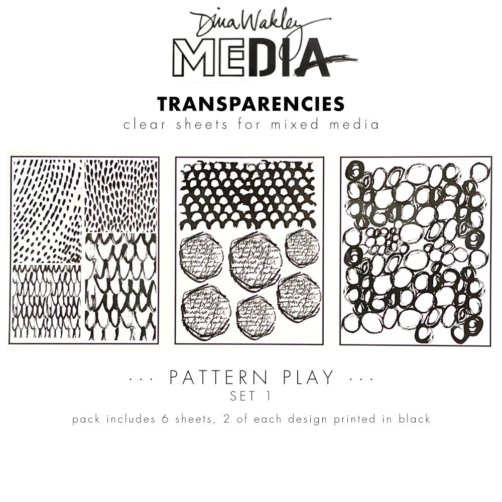 Pattern Play - Transparencies ... by Dina Wakley Media and Ranger. 6 (six) sheets of clear film printed with black designs, 8.5" x 10.75" in size. Use for creative collage, journaling, bookmaking, scrapbooking, mixed media and other visual arts. 