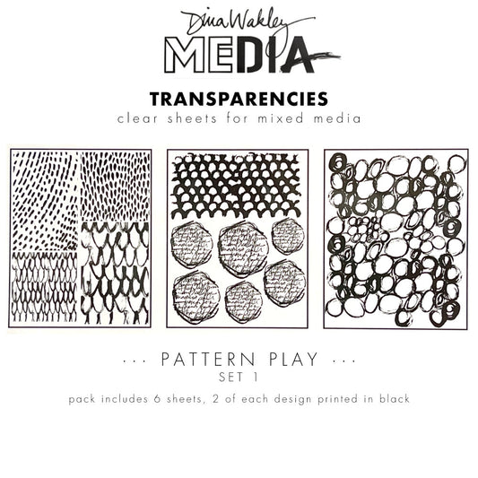 Pattern Play - Transparencies ... by Dina Wakley Media and Ranger. 6 (six) sheets of clear film printed with black designs, 8.5" x 10.75" in size. Use for creative collage, journaling, bookmaking, scrapbooking, mixed media and other visual arts.