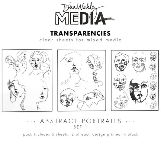 Abstract Portraits, set 1 - Transparencies ... by Dina Wakley Media and Ranger. 6 (six) sheets of crystal clear film printed with black designs, 8.5" x 10.75" in size, 2 of each design. Designs are of Dina's freeform drawings of people's faces. Use for creative collage, journaling, bookmaking, scrapbooking, mixed media and other visual arts.