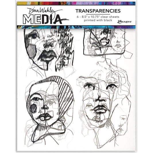 Abstract Portraits, set 2 - Transparencies ... by Dina Wakley Media and Ranger. 6 (six) sheets of crystal clear film printed with black designs, 8.5" x 10.75" in size, 2 of each design. Designs are of Dina's freeform drawings of people's faces. Use for creative collage, journaling, bookmaking, scrapbooking, mixed media and other visual arts. Photo of the packaging.