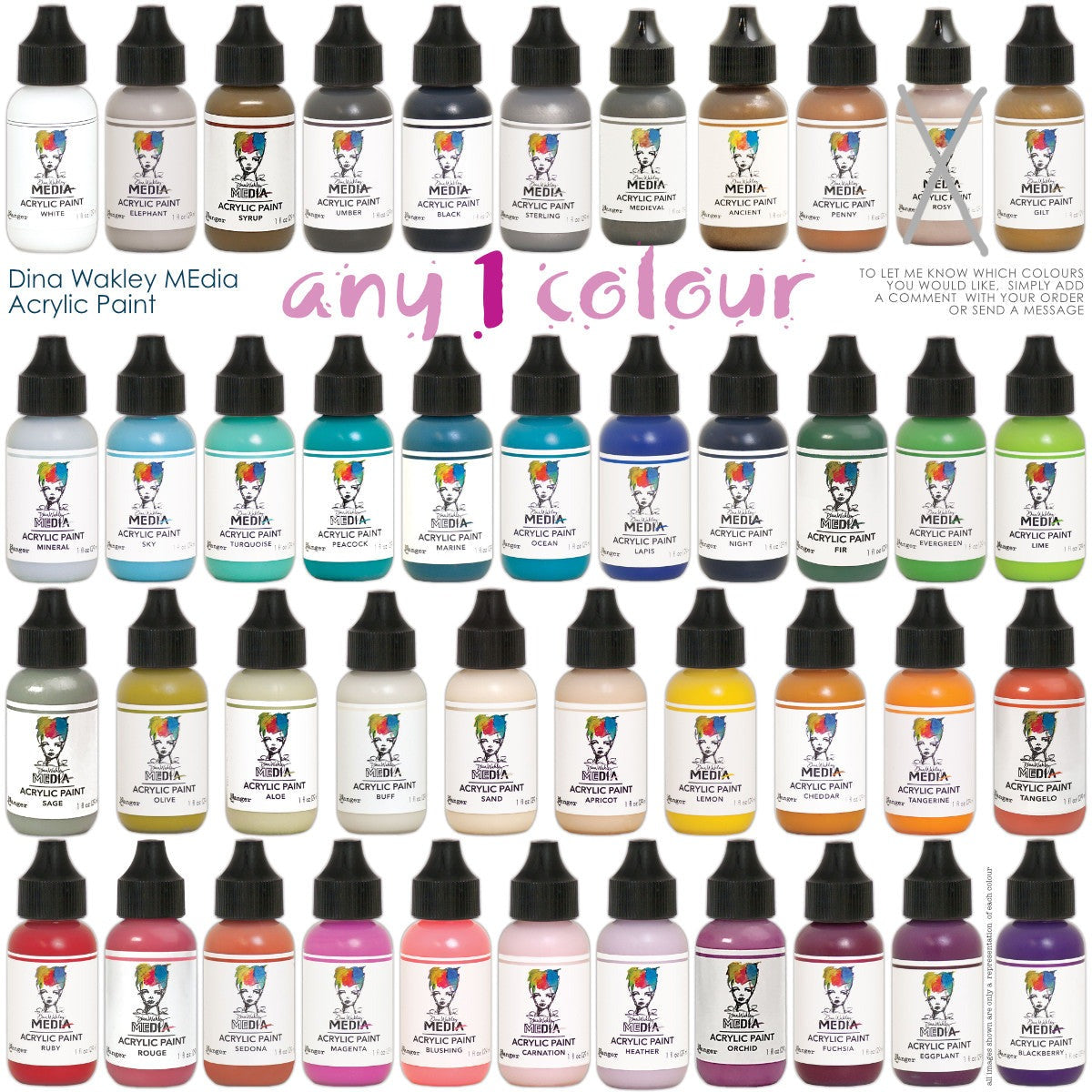 Acrylic Paint - Choose any 1 (one) colour ... by Dina Wakley MEdia and Ranger Ink. Each bottle holds 1 fl oz (29ml) of thick buttery acrylic paint and has a fine tipped nozzle. Over 30 essential colours at Art by Jenny in Australia