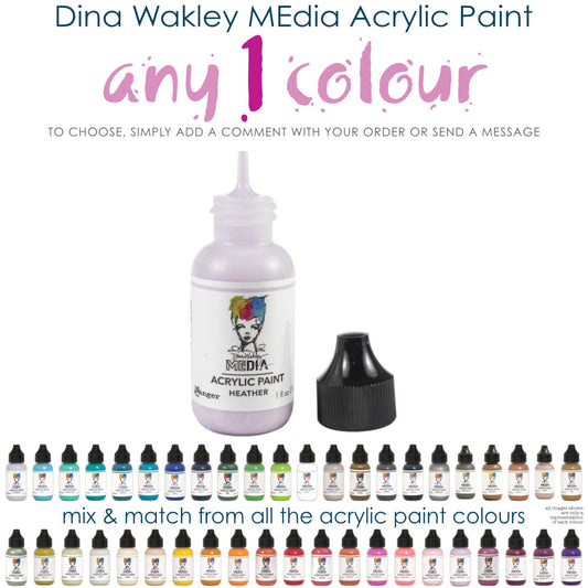 Acrylic Paint - Choose any 1 (one) colour ... by Dina Wakley MEdia and Ranger Ink. Each bottle holds 1 fl oz (29ml) of thick buttery acrylic paint and has a fine tipped nozzle for dotting, doodling, squeezing into a paint palette or squeezing out a drop onto a paint brush.   These beautiful paints by Dina Wakley MEdia are an opaque (gives good coverage) acrylic thick paint, richly pigmented artists quality paint, satin finish.