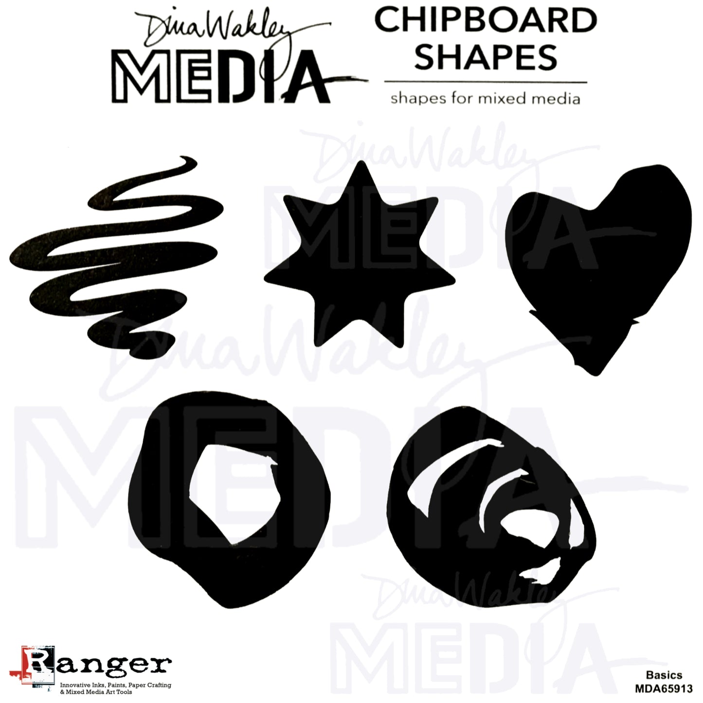 Basics - Chipboard Shapes by Dina Wakley Media ... 5 (five) silhouette shapes of heart, swirl, star and circles.