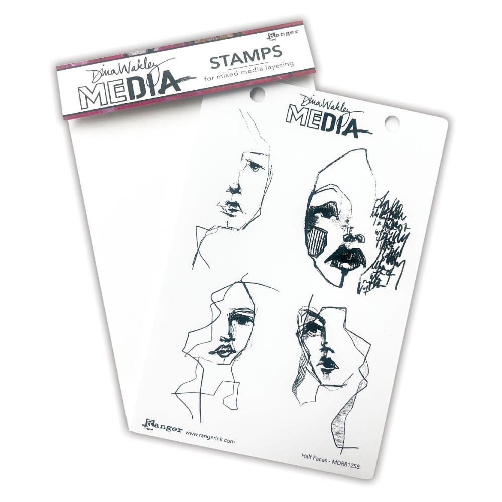 Half Faces - Dina Wakley MEdia ... Cling Mounted Rubber Stamps in 4 (four) designs (MDR81258).   Dina Wakley's set of rubber stamps features a four illustrations of inky portraits of women viewed from the side and front (head and shoulders imagery).