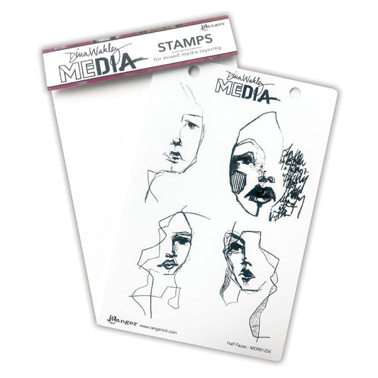 Half Faces - Dina Wakley MEdia ... Cling Mounted Rubber Stamps in 4 (four) designs (MDR81258).   Dina Wakley's set of rubber stamps features a four illustrations of inky portraits of women viewed from the side and front (head and shoulders imagery).