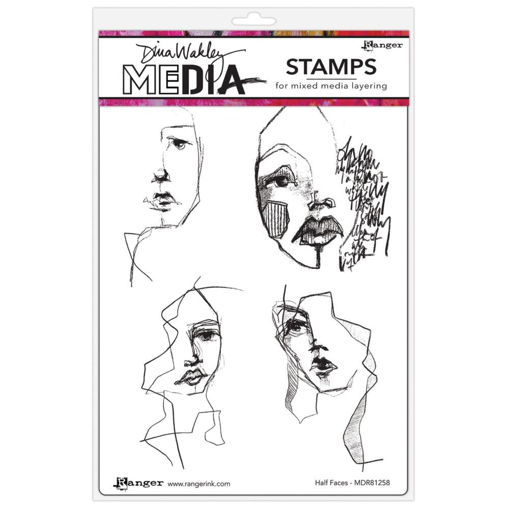 Half Faces - Dina Wakley MEdia ... Cling Mounted Rubber Stamps in 4 (four) designs (MDR81258).   Dina Wakley's set of rubber stamps features a four illustrations of inky portraits of women viewed from the side and front (head and shoulders imagery).