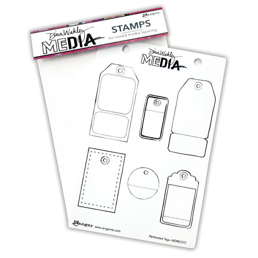 Perforated Tags - Dina Wakley MEdia ... Cling Mounted Rubber Stamps in 6 (six) designs (MDR81272).   Dina Wakley's set of rubber stamps features illustrations of tags or labels in various sizes and styles. Each is drawn with fine lines and has a ring marked for a reinforced hole.