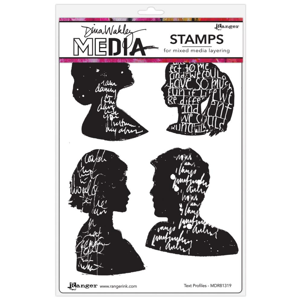 Text Profiles - Dina Wakley MEdia ... Cling Mounted Rubber Stamps in 4 (four) designs (MDR81319). Dina Wakley's set of rubber stamps features a four people viewed from the side in silhouette form (head and shoulders imagery) with reversed out writing within the shapes.