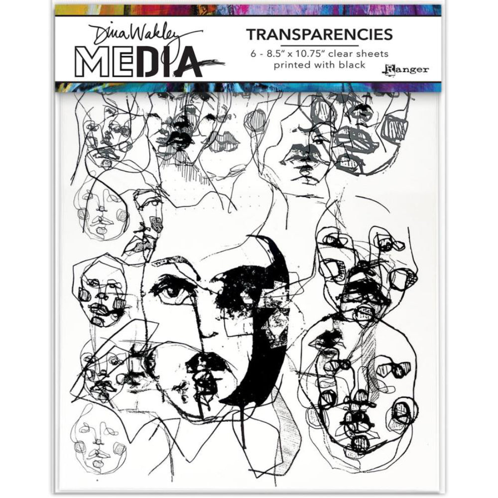 Abstract Portraits, set 1 - Transparencies ... by Dina Wakley Media and Ranger. 6 (six) sheets of crystal clear film printed with black designs, 8.5" x 10.75" in size, 2 of each design. Designs are of Dina's freeform drawings of people's faces. Use for creative collage, journaling, bookmaking, scrapbooking, mixed media and other visual arts. Photo of the packaging.