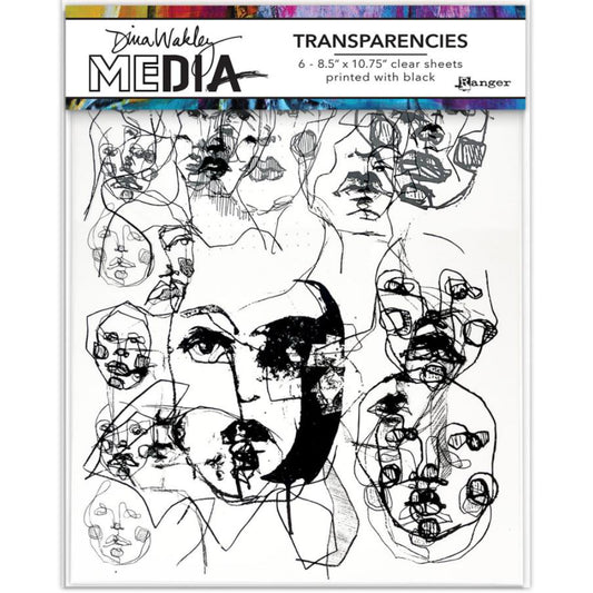 Abstract Portraits, set 1 - Transparencies ... by Dina Wakley Media and Ranger. 6 (six) sheets of crystal clear film printed with black designs, 8.5" x 10.75" in size, 2 of each design. Designs are of Dina's freeform drawings of people's faces. Use for creative collage, journaling, bookmaking, scrapbooking, mixed media and other visual arts.  Photo of the packaging.