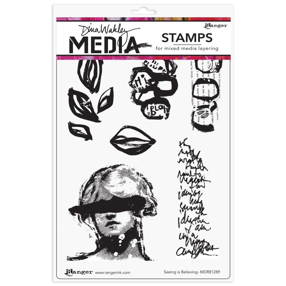 Seeing is Believing - Dina Wakley MEdia ... Cling Mounted Rubber Stamps in 6 (six) designs (MDR81289).   Dina Wakley's set of stamps features a greyscale halftone photo of a girl with a solid line across her eyes (looks a bit like she's wearing a helmet or baseball cap too). To the right of the girl is a piece of scribbly writing, and above are inky leaves and collaged circles.