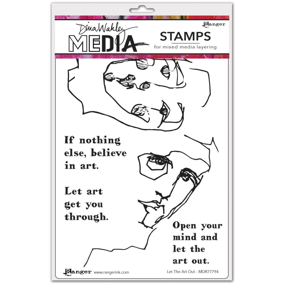 Let The Art Out - Dina Wakley MEdia ... Cling Mounted Rubber Stamps in 5 (five) designs (MDR77794). Enjoy adding layers of mixed media imagery with Dina Wakley's pair of scribbly inky faces. Three quotes with strong positive mindful messages are included. They welcome you to have a go, create art however you wish!