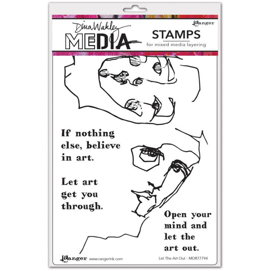 Let The Art Out - Dina Wakley MEdia ... Cling Mounted Rubber Stamps in 5 (five) designs (MDR77794). Enjoy adding layers of mixed media imagery with Dina Wakley's pair of scribbly inky faces. Three quotes with strong positive mindful messages are included. They welcome you to have a go, create art however you wish!