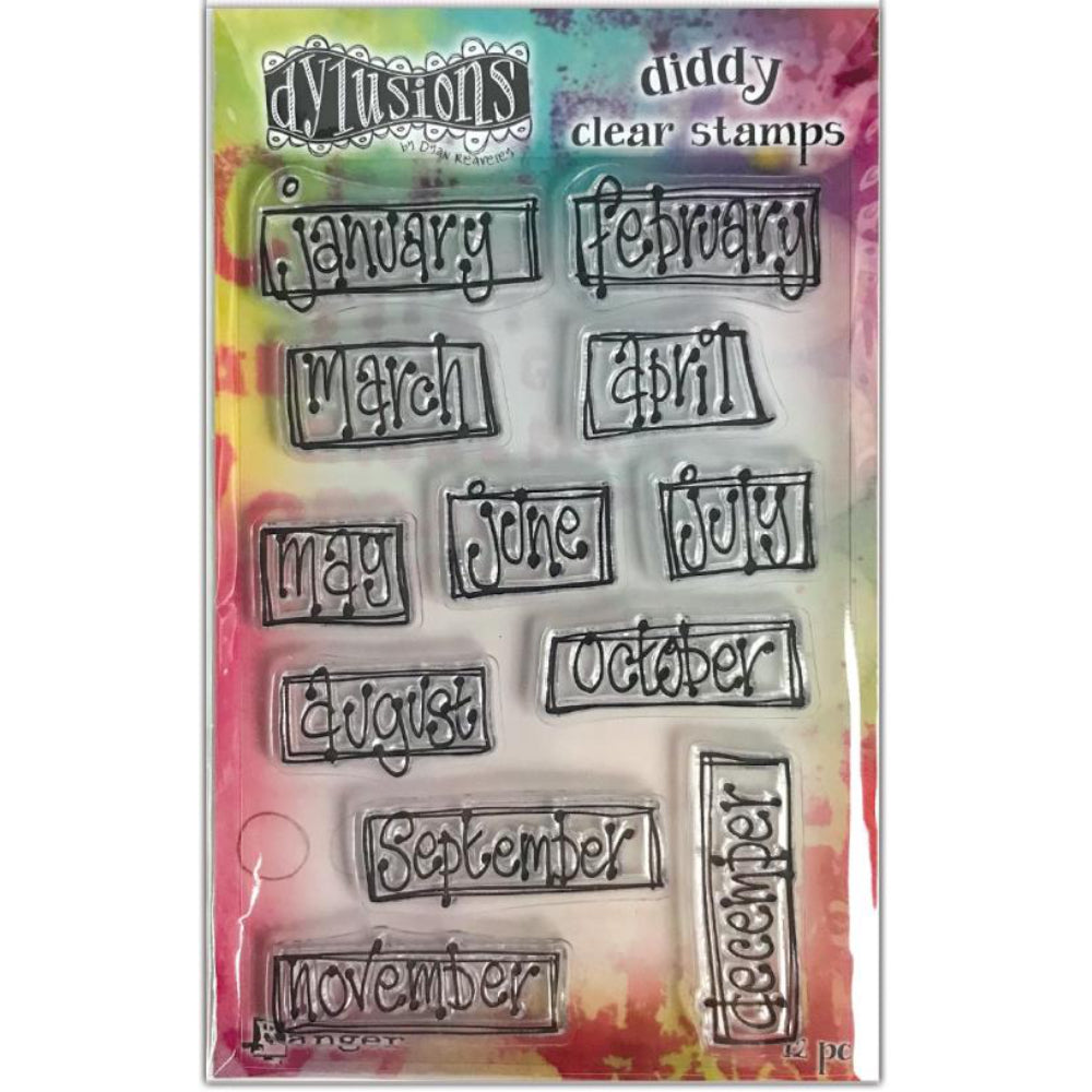 Boxed Monthly - Diddy Clear Stamps ... Dylusions by Dyan Reaveley - Acrylic Cling Stamps in 12 (twelve) designs. This set features 12 (twelve) months of the year, in Dyan's fantastic handwriting (elongated with dots, spots and swishes), then each word is outlined in a double lined box. Perfect size for diaries as well as large calendars :) Packaging size is approx 4.5" x 7" or 11.5cm x 18cm.