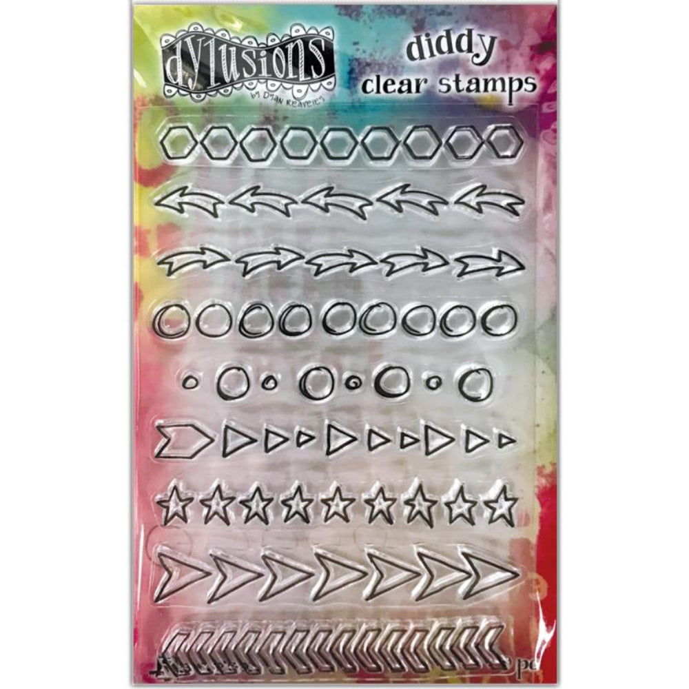 Doodles - Diddy Clear Stamps ... Dylusions by Dyan Reaveley - Acrylic Cling Stamps in 9 (nine) designs.  This set features 9 (nine) different rows of markings including doodles of arrows, circles, hexagons, stars, spots and triangles ... perfect for borders, dividers, patterns, frames, adding interesting marks, pointing the way, marking the spot and more.