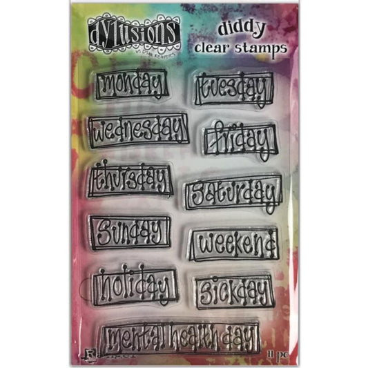 Ooh What a Day - Diddy Clear Stamps ... Dylusions by Dyan Reaveley - Acrylic Cling Stamps in 11 (eleven) designs.  This set called "Ooh What a Day" (or Oooooh! what a Day! lol, works for all our good and bad days) ... the set features 11 (eleven) words including 7 days of the week, weekend, holiday, sickday, mental health day. Each is in Dyan's fantastic handwriting (elongated with dots, spots and swishes), then each word is outlined in a double lined box. Sizes vary,