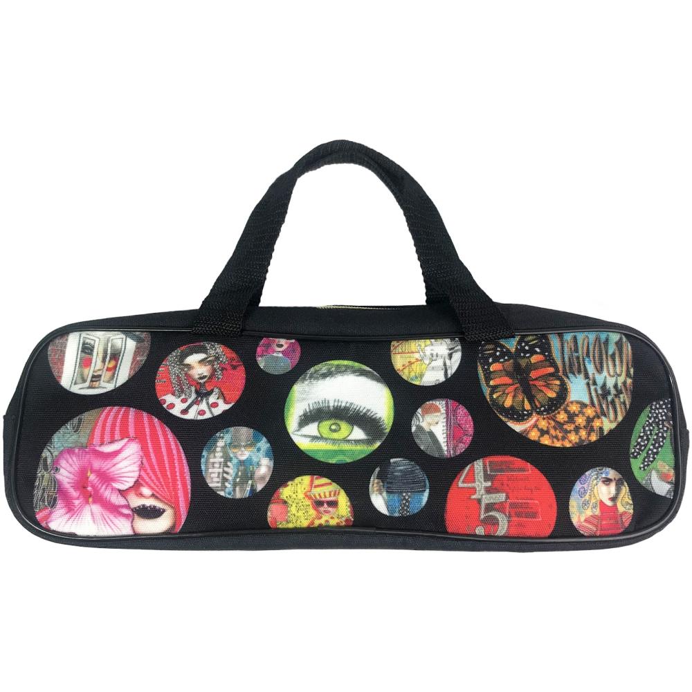 Accessory Bag - Printed canvas fabric with Handles ... Dylusions by Dyan Reaveley - Beautiful, portable and practical, canvas handles, and a long wide zippered opening for easy access with a flat base for stability (stays open during use). Size is approx 14.5" long x 2.75" wide x 4.5" deep.
Designed with the unique artwork by Dyan Reaveley within circles on a black background, this bag is lined in a smooth black fabric and features a long easy to pull zipper and short canvas handles.