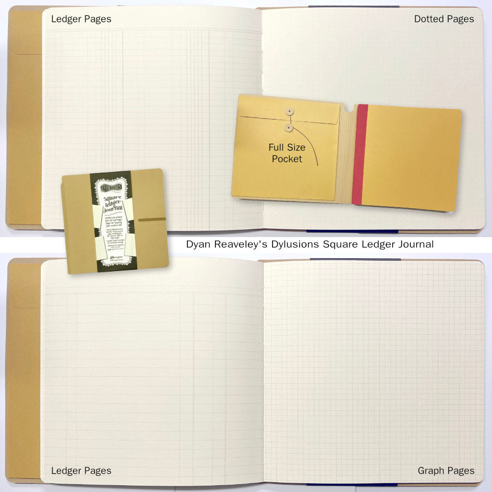 overview of the Dylusions by Dyan Reavley Square Ledger Journal with mixed media paper, full size pocket and customisable covers, photos from Art by Jenny in Australia