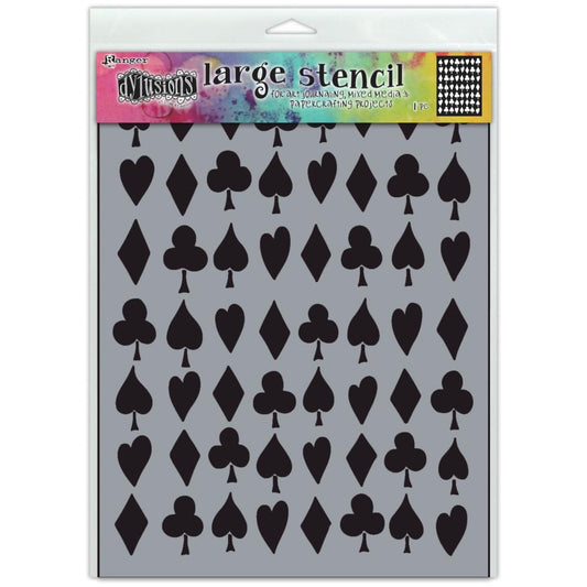Suits You Sir ... Large (9"x12") Stencil - by Dyan Reaveley of Dylusions.  Add Dyan's unique pattern of playing card suits of fun to your backgrounds and borders. This design features hearts, spades, diamonds and clubs in rows over the whole area. Let your imagination be your guide and have fun