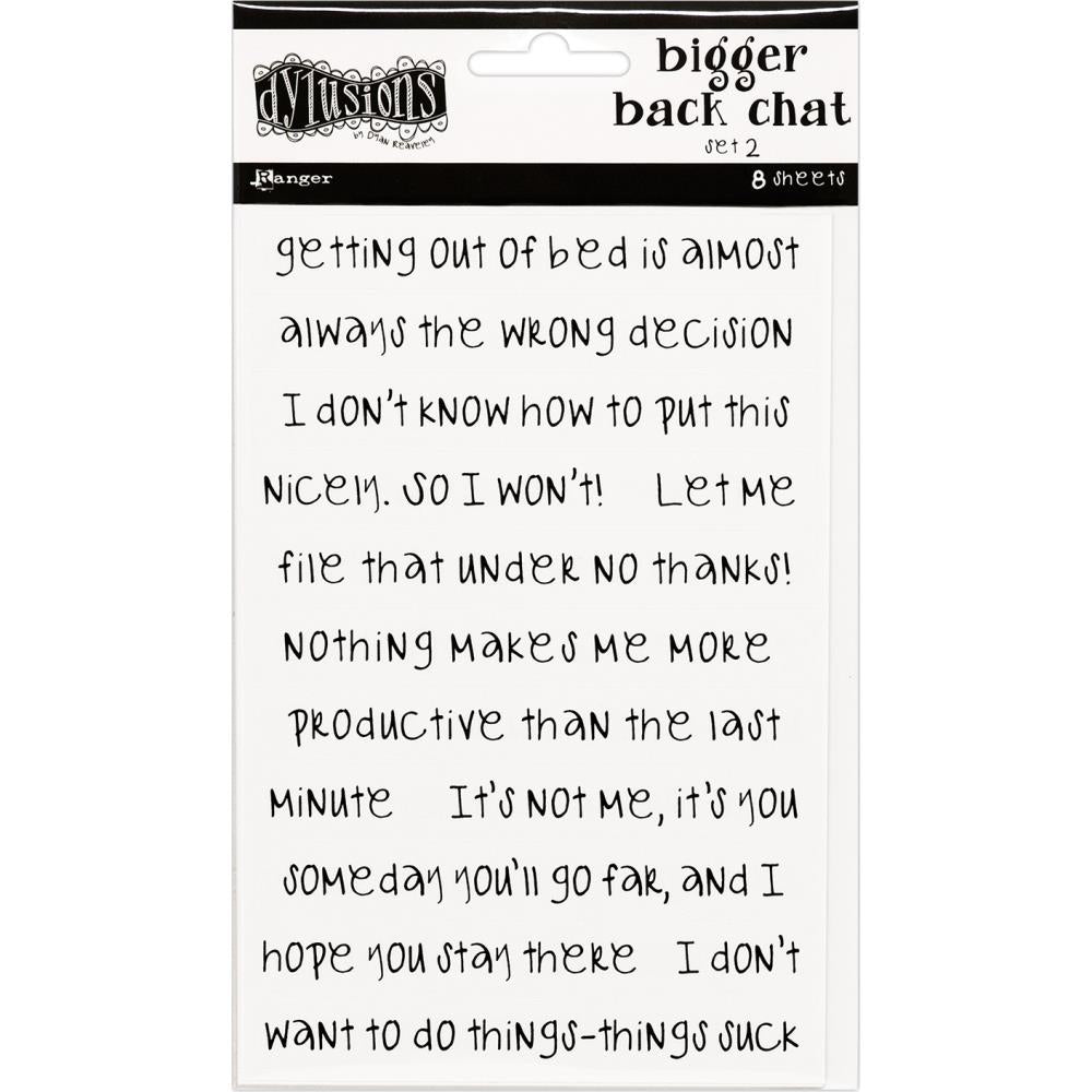 Bigger Back Chat Stickers - White, Set 2 ... from Dylusions by Dyan Reaveley. Add hilarious quips into your art with these strips of ready to use sayings. 8 (eight) adhesive backed sheets of precut strips, overall 4" x 6" in size. Dylusions by Dyan Reaveley Bigger Back Chat Stickers are for adding quirky, fun, bold expressions of thoughts to your planners, artwork and journal pages. Use as is or cut up the words to write your own thoughts. The typeface is a modern freestyle handwriting font.