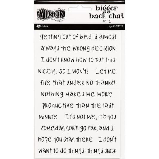 Bigger Back Chat Stickers - White, Set 2 ... from Dylusions by Dyan Reaveley. Add hilarious quips into your art with these strips of ready to use sayings. 8 (eight) adhesive backed sheets of precut strips, overall 4" x 6" in size. Dylusions by Dyan Reaveley Bigger Back Chat Stickers are for adding quirky, fun, bold expressions of thoughts to your planners, artwork and journal pages. Use as is or cut up the words to write your own thoughts. The typeface is a modern freestyle handwriting font.