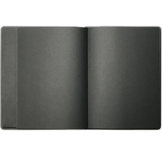 Black Dot Grid Dylusions Journal ... Large Creative Art Book by Dyan Reaveley. 64 pages of black Mixed Media paper printed with spots over the whole surface (uniform spacing, like a grid). Large book, 9" x 11 13/16" in size. Photo of the inside pages of the book.
