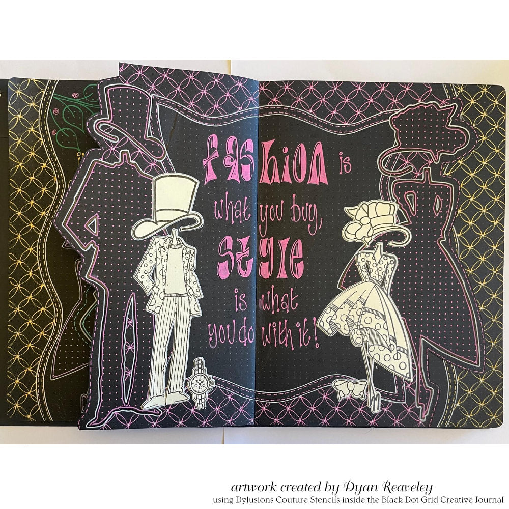 Black Dot Grid Dylusions Journal ... Large Creative Art Book by Dyan Reaveley. 64 pages of black Mixed Media paper printed with spots over the whole surface (uniform spacing, like a grid). Large book, 9" x 11 13/16" in size. Photo of a sample by Dyan Reaveley using the Couture Stencils and Masks