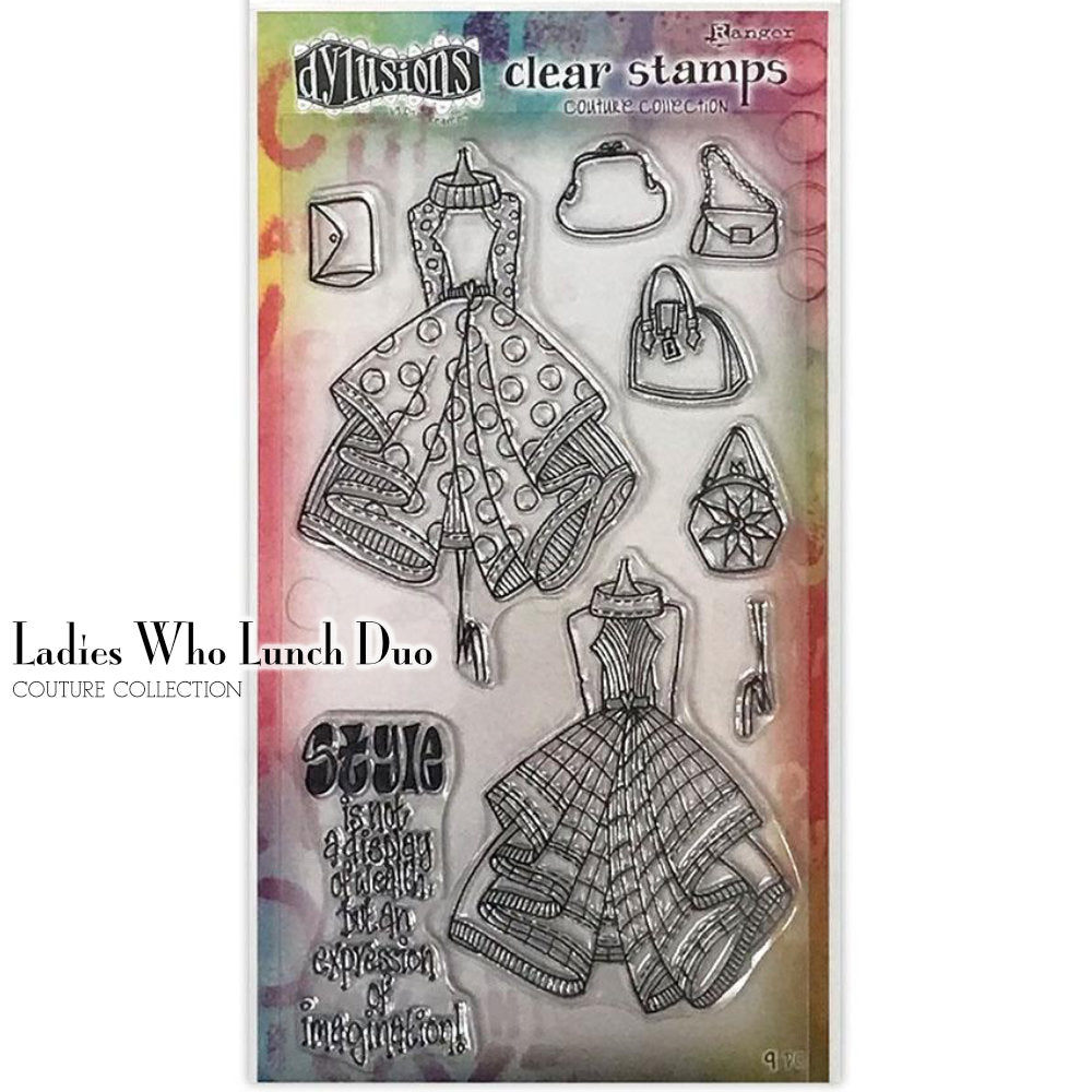 Ladies Who Lunch Duo - Couture Collection ... by Dyan Reaveley of Dylusions. Set of 9 (nine) clear stamps.  This fabulous set features two ladies wearing stylish dresses with purses and accessories to match their lunch with the girls. This set includes a quote in Dyan's fun writing style.