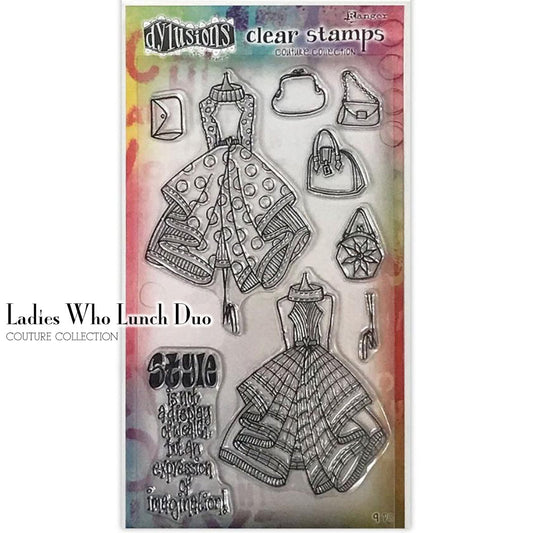 Ladies Who Lunch Duo - Couture Collection ... by Dyan Reaveley of Dylusions. Set of 9 (nine) clear stamps.  This fabulous set features two ladies wearing stylish dresses with purses and accessories to match their lunch with the girls. This set includes a quote in Dyan's fun writing style.