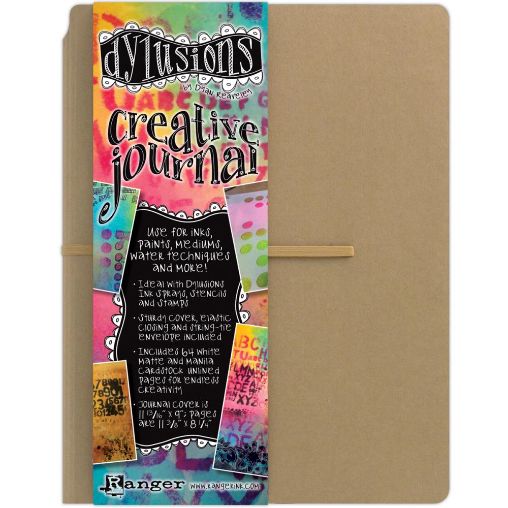 Dylusions Creative Journal, Large (9x12) ... by Dyan Reaveley and Ranger - This book features a hardback kraft cover, pocket inside the front cover, elastic closure, and filled with 64 pages of blank creamy white 240gsm Mixed Media Cardstock with a matte finish. Opens flat for ease of use.