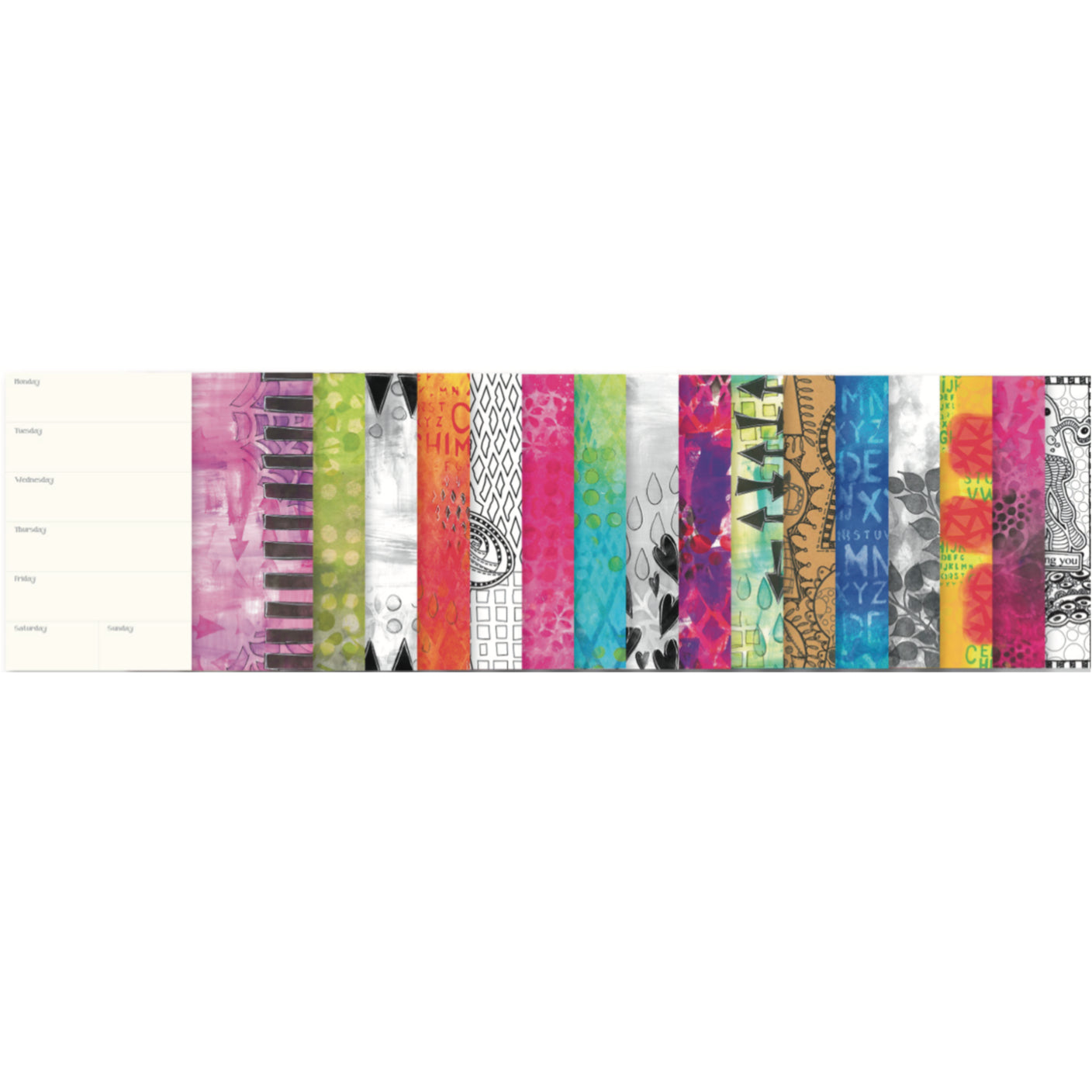 Creative Dyary vol 2 - Large ... Dylusions by Dyan Reaveley. 56 pages, mixed media paper, week to an opening, hardcover, opens flat, undated perpetual diary. Designs in this book include abstract patterns and colourful backgrounds, plus black and white illustrated scenes with roses, ocean creatures, quirky people in keyholes and more. Example of pages.