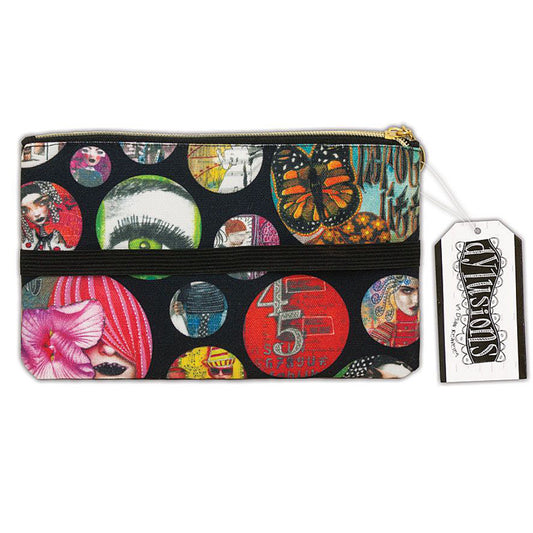 Pencil Case, Accessory Bag with Elastic Hold-All Strap ... Dylusions by Dyan Reaveley. Case is 8 3/4" wide x 5 3/4" with gold coloured zipper and black elastic strap.  High quality, beautifully printed canvas pencils case featuring Dyan's artwork of bright colours and bold designs inside different sized circles, surrounded by a black background. The fabric is a sturdy canvas that will keep all your treasures secure and stored. The zipper is gold coloured metal with an oval pull-tag,