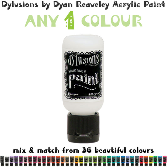 Dylusions Acrylic Paint by Dyan Reaveley ... Any 1 (one) Colour of Your Choice - Flip Cap Bottle, 1 fl oz (29ml). Made by Ranger.  Smooth and creamy in over 30 gorgeous colours, the amazing Dylusions acrylic paint by Dyan Reaveley and Ranger is packaged in convenient, airtight bottles with flip cap lids (that also screw off). Each bottle holds 29ml or 1 fluid ounce in colours that coordinate with the whole Dylusions range of art supplies.