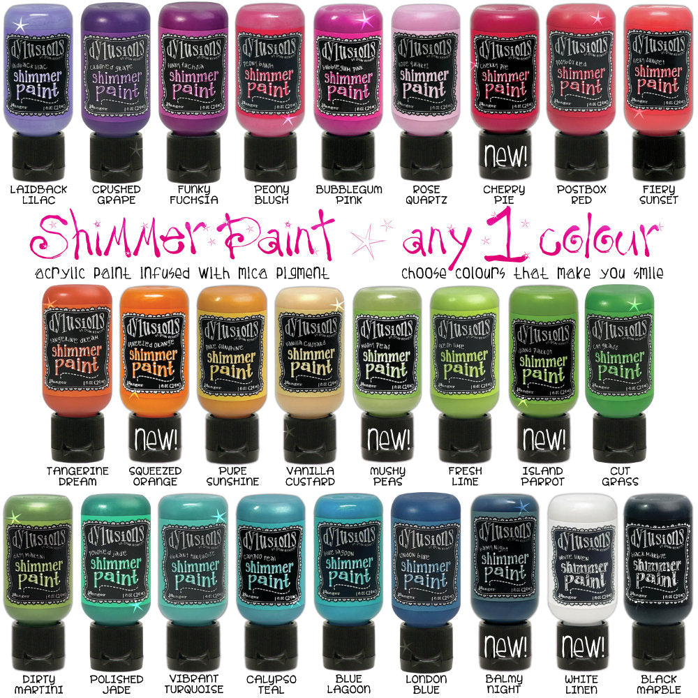 an overview of all the Shimmer Paint colours in the Dylusions range. New colours added October 2022! Dylusions Shimmer Acrylic Paint by Dyan Reaveley ... Vibrant Mica Infused Pearlescent Gorgeous Colour of Your Choice - Flip Cap Bottle, 1 fl oz (29ml).