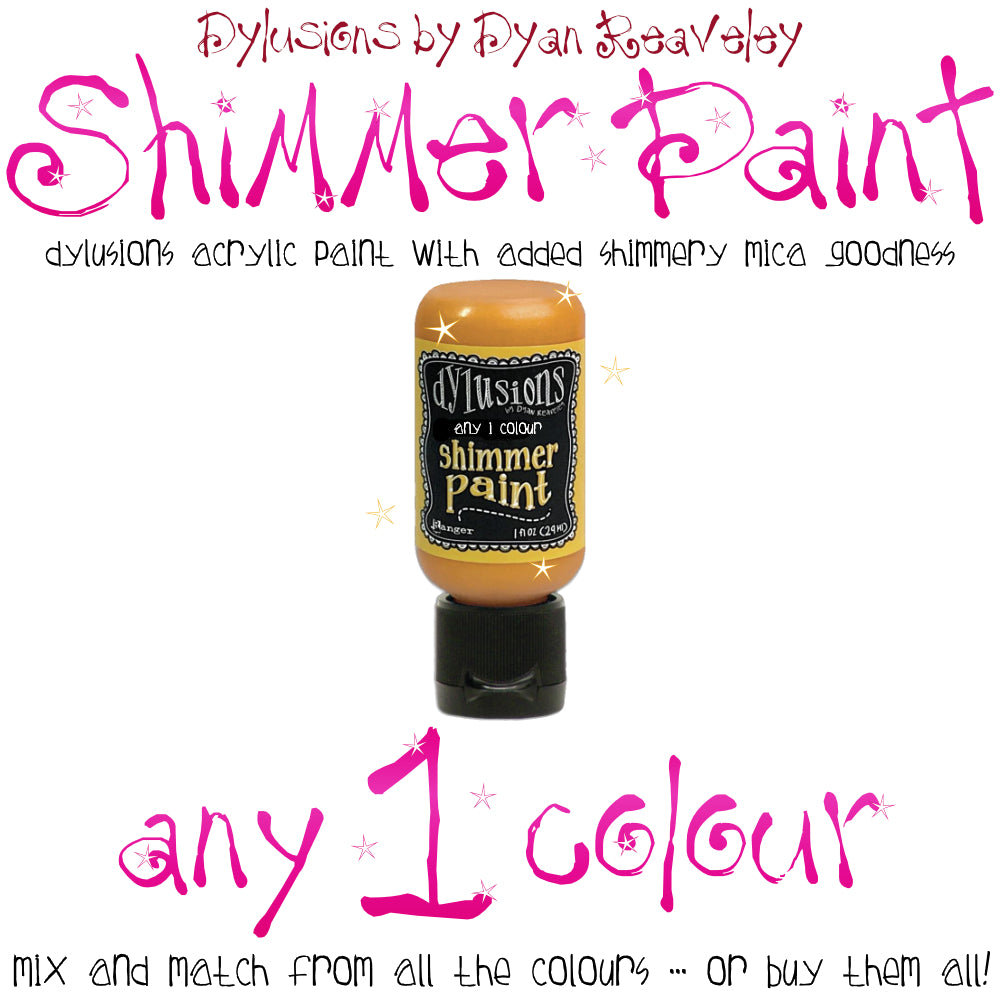 Dylusions Shimmer Acrylic Paint by Dyan Reaveley ... Any 1 (one) Vibrant Mica Infused Pearlescent Gorgeous Colour of Your Choice - Flip Cap Bottle 1 fl oz (29ml). Dyan Reaveley's Dylusions acrylic paint is a beautiful sparkly shimmer. These are not simply a flash of iridescence or white pearl, these are colourful through and through! Smooth, blendable, waterbased acrylic paint, easy to use, quick drying, layerable.