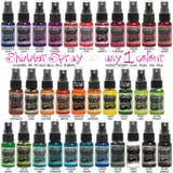 overview of all the available colours of Dylusions Shimmer Spray - by Dyan Reaveley... any 1 (one) colour of your choice. A gorgeous range of vibrant, mica rich, pearlescent and shimmery, colourful inks by Ranger.   Dylusions Shimmer Sprays are designed to meet Dyan Reaveley's specifications for art journaling and mixed media.