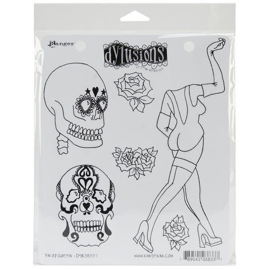 Pin Up Queen ... Stamp Set - Dylusions by Dyan Reaveley and Stampers Anonymous (DYR38337). Red rubber mounted with cling foam to use for paper crafts, junk journals, art journaling, scrapbooking, card making, anything you wish! Stylized roses, grinning decorated skulls and a headless body strutting or walking around like she owns the place... a fun set of stamps for every occasion! Sizes vary (approx) ... top sugar skull measures 2 1/4" x 3 1/4".