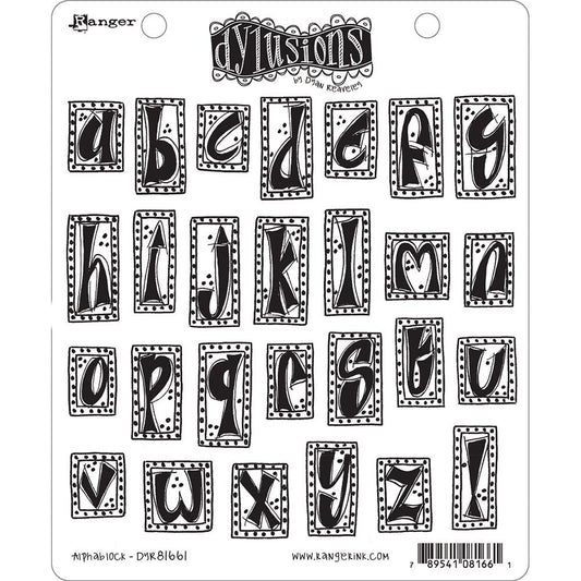 Alphablock ... rubber stamp set - Dylusions by Dyan Reaveley (DYR81661). 27 (twenty seven) designs, a to z plus an exclamation mark.
