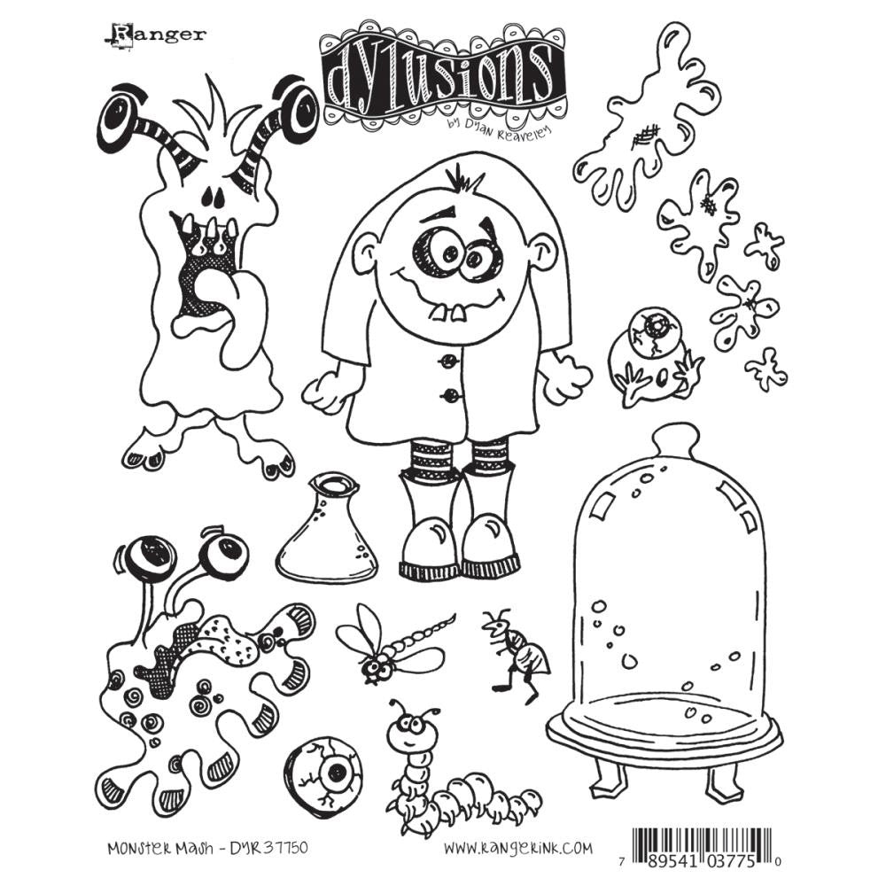 Dylusions by Dyan Reaveley Stamp Set called Monster Mash DYR37750- With these groovy red rubber cling mounted stamps, you could make such fun artwork for all year round - birthdays, hellos or thank yous - as well as Halloween. What about a congratulations card for a science student? The domed glass dish is perfect to use as an aquarium, terrarium, showing off finds from the garden, miniature villages, a cheese dish and more! Dream up an idea and get stamping!