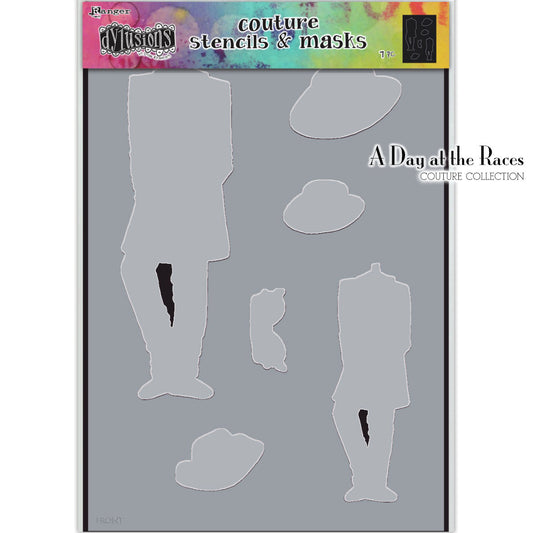 A Day at the Races - Couture Dylusions Stencil and Mask Set by Dyan Reaveley. Overall size 8 1/4" x 11 3/4". Silhouettes of stylish people with accessories, designed to coordinate with the Dylusions Couture Stamp Sets of the same name.