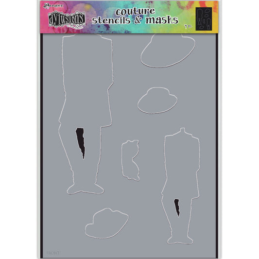 A Day at the Races - Couture Dylusions Stencil and Mask Set by Dyan Reaveley. Overall size 8 1/4" x 11 3/4". Silhouettes of stylish people with accessories, designed to coordinate with the Dylusions Couture Stamp Sets of the same name.